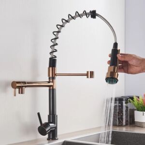 Функционален Смесител за Кухня с Душ в Черен мат патина и Розово Злато