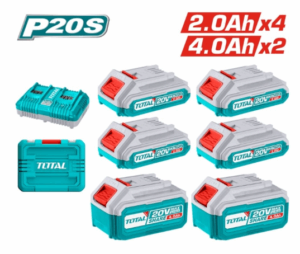 Комплект акумулаторни батерии и зарядно TOTAL, Li-Ion, 20 V, 2.0 / 4.0 Ah, 6 броя